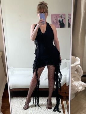 NWT RUFFLES ROSE BLACK SHREDDED HALTER DRESS ZIPPER LINED SHEER TATTERED